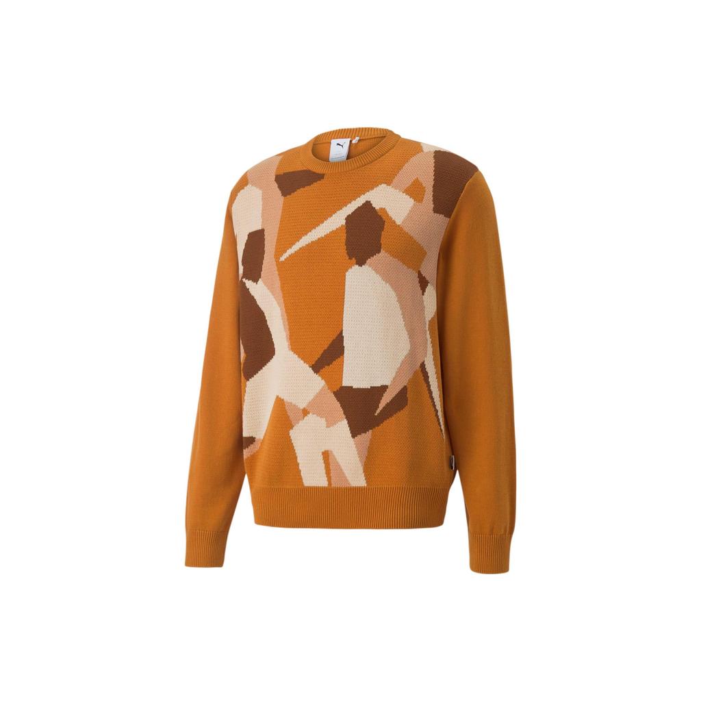 Puma Color Block Pattern Pullover Crew Neck Sweater Men Tops Caramel 535804-66