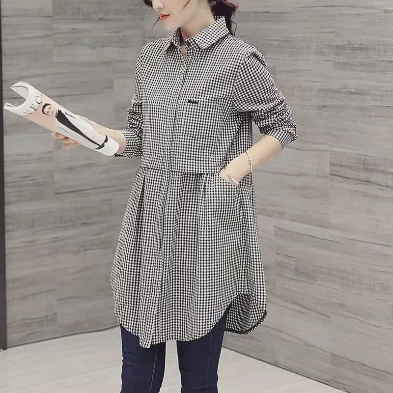 Women's Large Plaid Shirt: Versatile Korean Fashion, Mid-Length, Long-Sleeve for Spring/Summer 2025