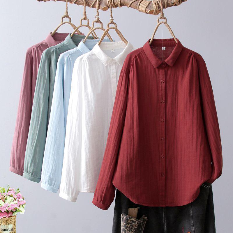 Women's Soft Cotton Double Layer Gauze Long Sleeve Shirt, Versatile with Pointed Collar