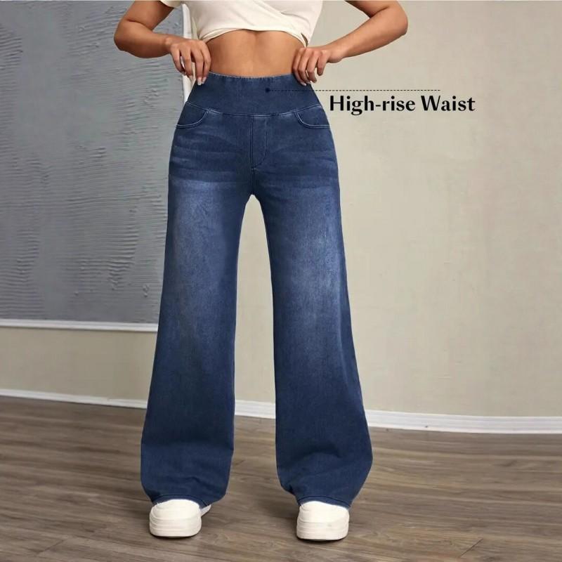 Women s Clothing TK TEMU Trend Elastic Waist Loose Denim Straight Pants JEANAS 2XL