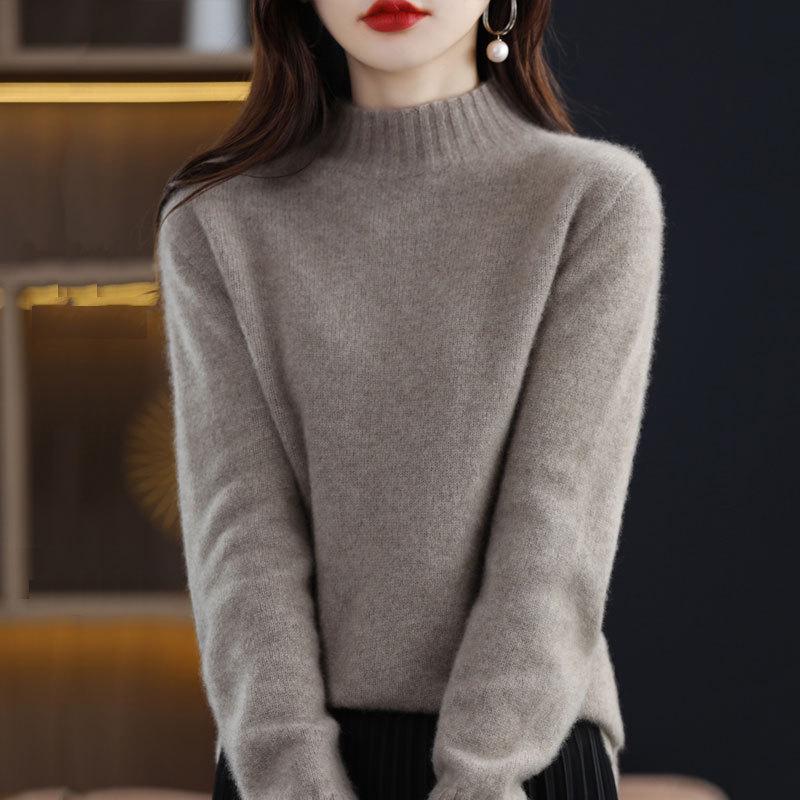 Women's Wool Sweater: Autumn/Winter Half-High Neck, Warm, Solid Color, Loose Fit, Commuter Style