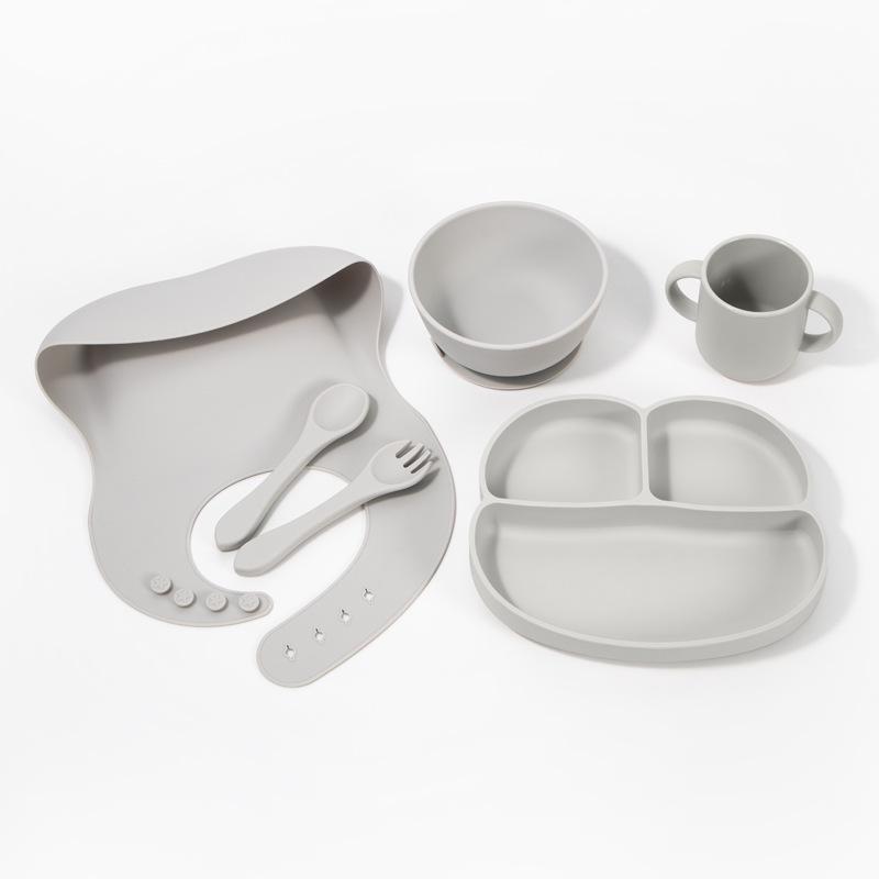 Ensemble de vaisselle pour bébé: Assiette Compartimentée en Silicone, Bavoir, Cuillère, Fourchette, Bol et Ventouse