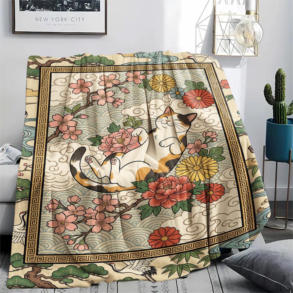 Cat Flower Print Flannel Blanket, High quality Comfortable for All Seasons, Home Decor, Warmth and Comfort, Perfect for Christmas Gifts43
