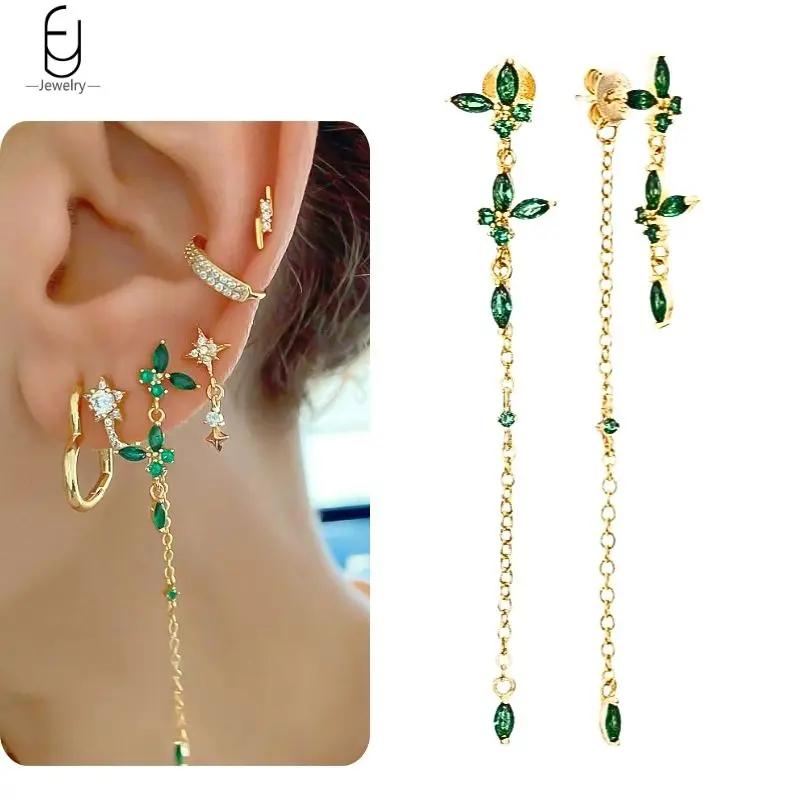 925 Silbernadel Grüne Zirkon Gold Ohrringe Herz Creolen für Damen Zarte Steckerohrringe Luxuriöser Schmuck Geschenke
