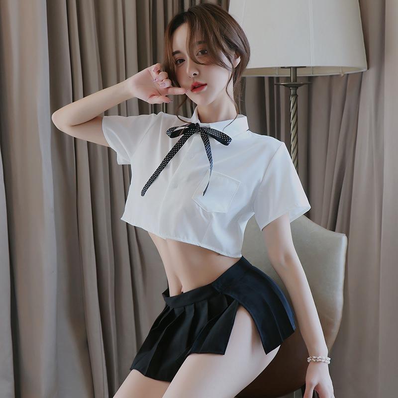 Ladies' Sexy Lingerie Sexy Student Outfit See Through No Take Off White Shirt Bow Tie Uniform Pleated Short Skirt Tempting