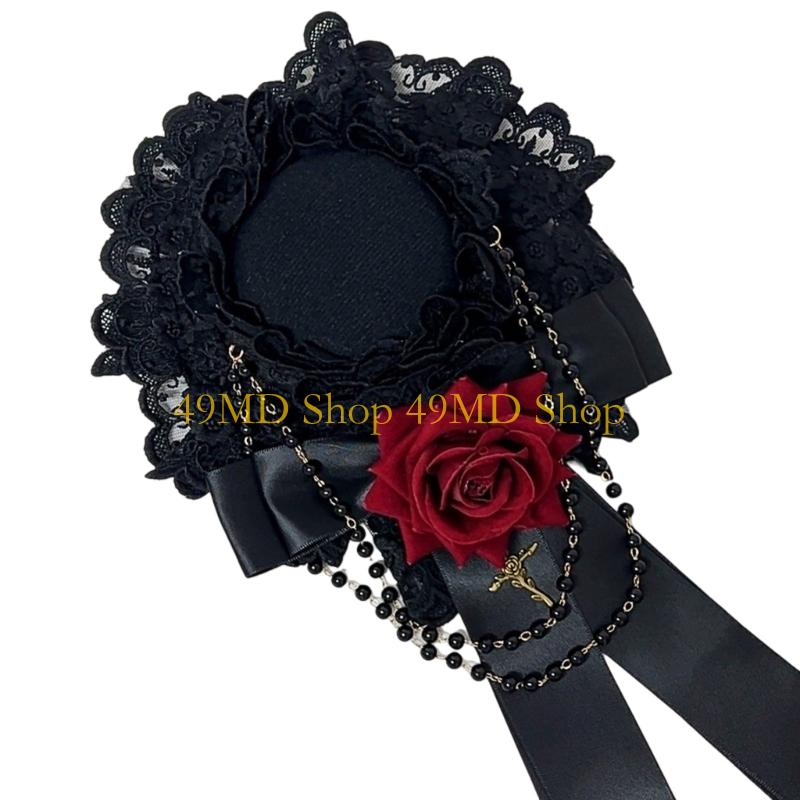 49MD Ornate Gothic Wedding Fascinator With Rosette Ribbon Roses And Adjustable Hair Clip Design