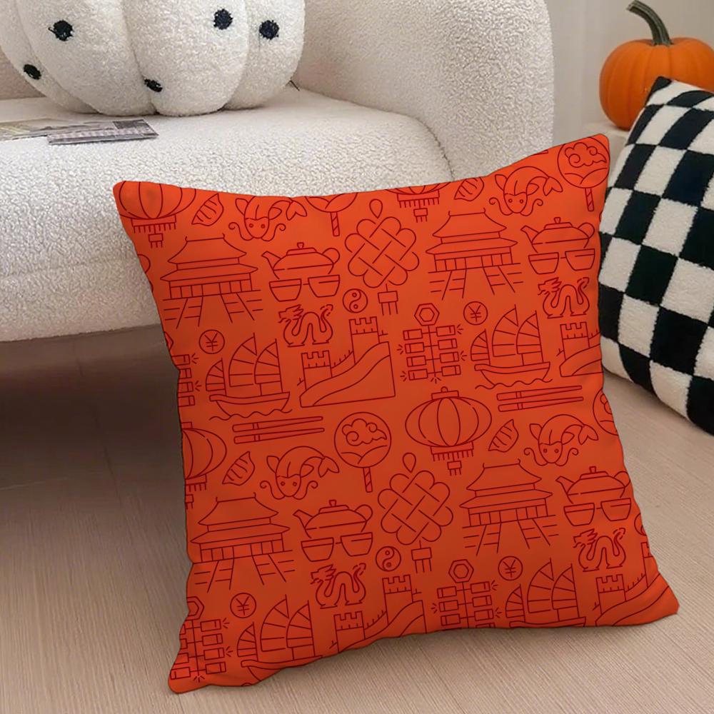 Chinese Red Festive and Auspicious Patterns Cushion Cover Throw Pillow Cover Hidden Button Durable Polyester Chair Cushion