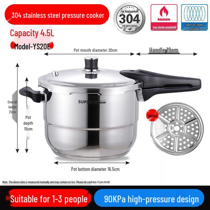 

Supor 304 Stainless Steel Pressure Cooker with Steamer Basket, Compatible with Gas and Induction Stovetops. 90kpa Dual Cooking