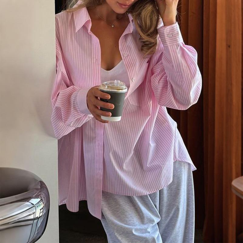 Casual Simple Style Striped Button Long-sleeved Cardigan Shirt Women's 2025 Fashion Versatile Top