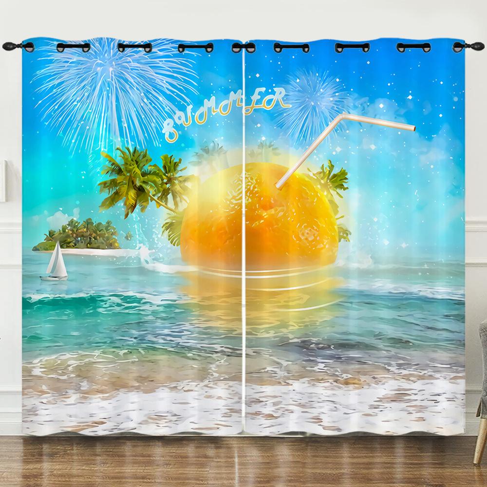 Curtains Summer Vitality Orange Beach Digital Printing Blackout Curtain Punching