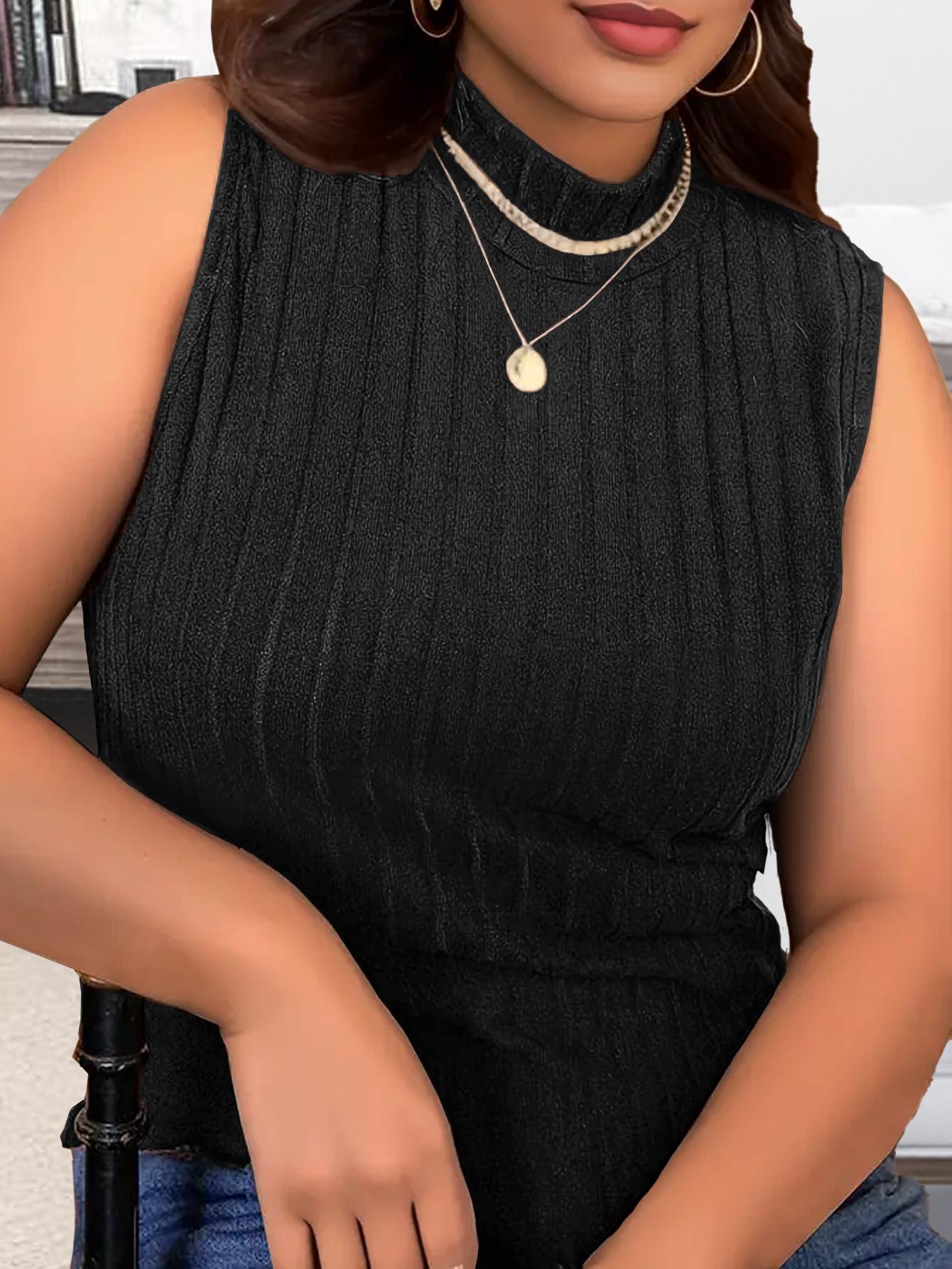 

2026 Spring/Summer Plus Size Women s Knit Stretch Solid Sleeveless T-shirt with Half High Neck 4XL чорний