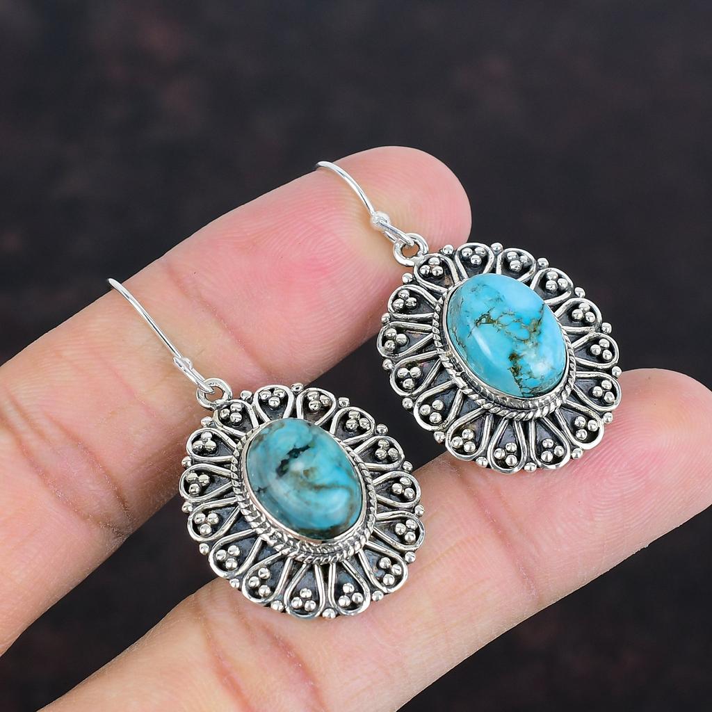 Tibetan Turquoise Earring 925 Sterling Silver Earring Handmade Elegant Jewelry Vintage Drop Earring Genuine Gemstone Earrings Gifts For Wife