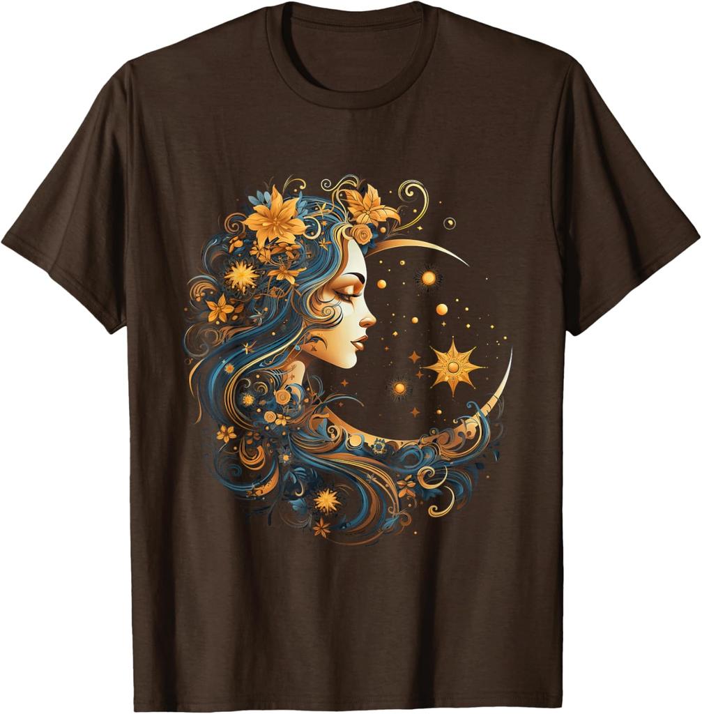 Mystic Celestial Woman Moon Flowers Graphic Print Cotton Crew Neck T-Shirt Unisex Casual Trip Wear