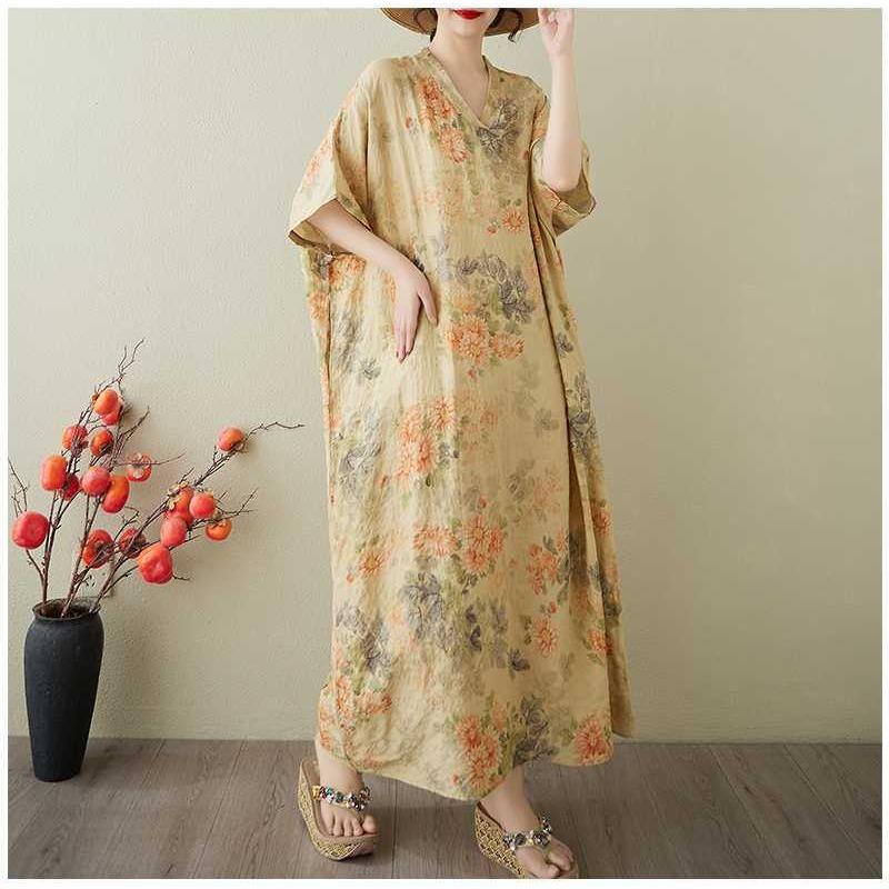 Kvinners Vintage Lang Kjole med Bomulls- og Linputter