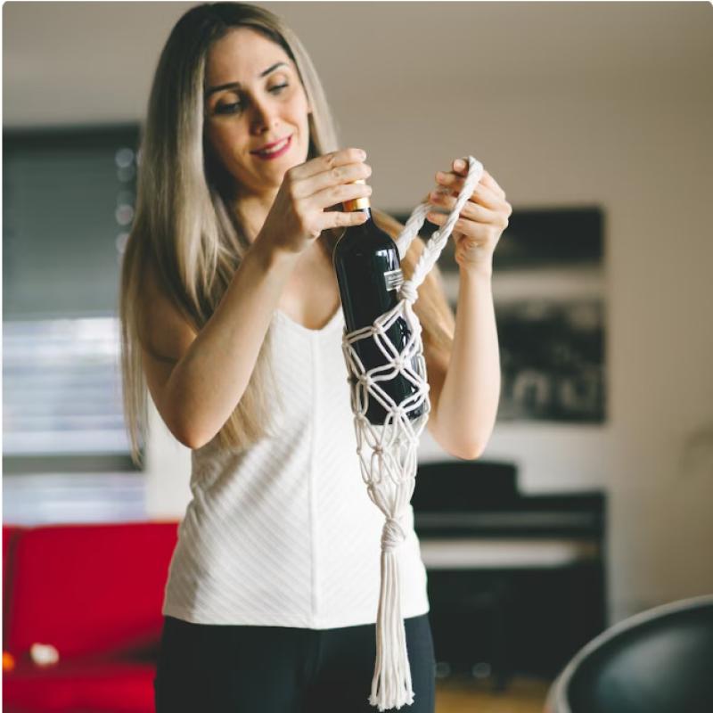 Hand-Woven Red Wine Storage 65Cm Bohemian Water Bottle Hanging Handbag Wine Storage Hiking Cycling