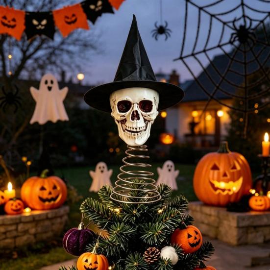 Distressed Resin Skull Topper Halloween Witch Hat Tree Topper, Gothic Skeleton Figurine for Versatile Party Decor, Spooky Festive Home Ornament, Trick