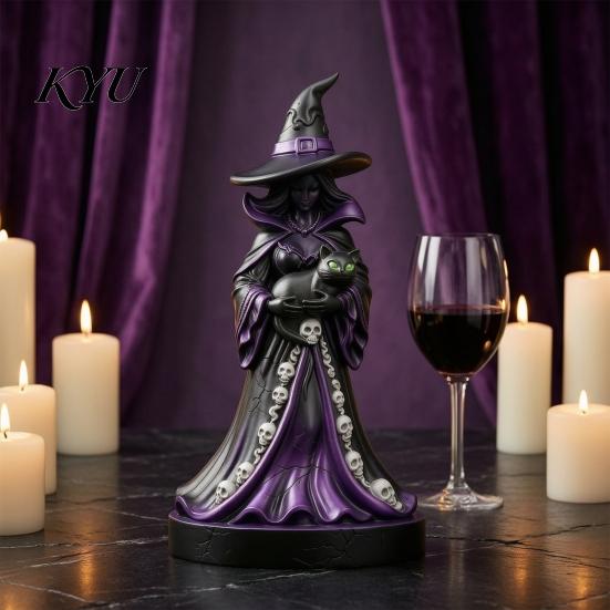 Dark Aesthetic Home Accessories Halloween Witch Figurine, Gothic Resin with Black Cat Ornament, Collectible Art for Decor Fantasy Tabletop Statue