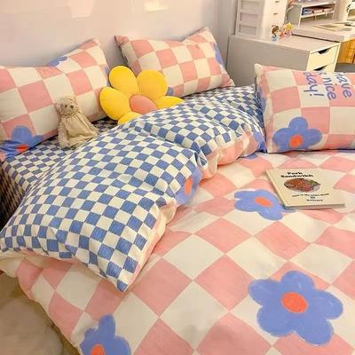 Nordic Pink Checkerboard Duvet Cover Sets with Pillowcases Flat Sheet Kids Girls Boys Full Queen Twin Size Kawaii Bedding Kit