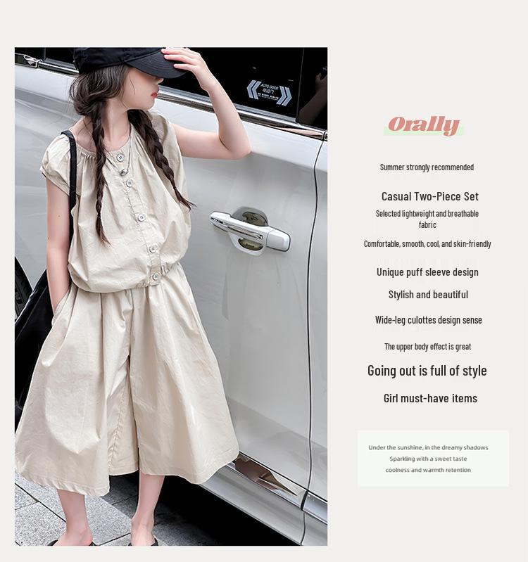 Girls' Fashionable Summer 2025 Two-Piece Set: Short-Sleeve Top & Seven-Point Pants