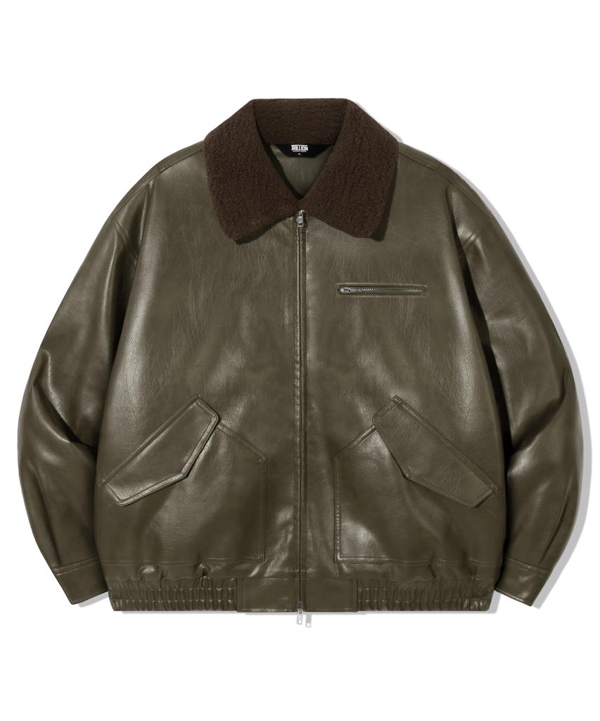 Trillion Fleece Collar Flight Leather Jacket_Khaki