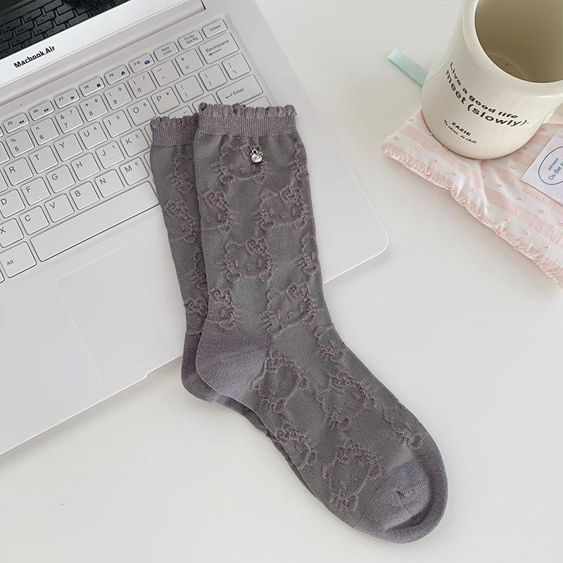 Female Spring and Autumn Cartoon Cute Pendant Relief Dark Flower Lace Tube Pile of Cotton Socks