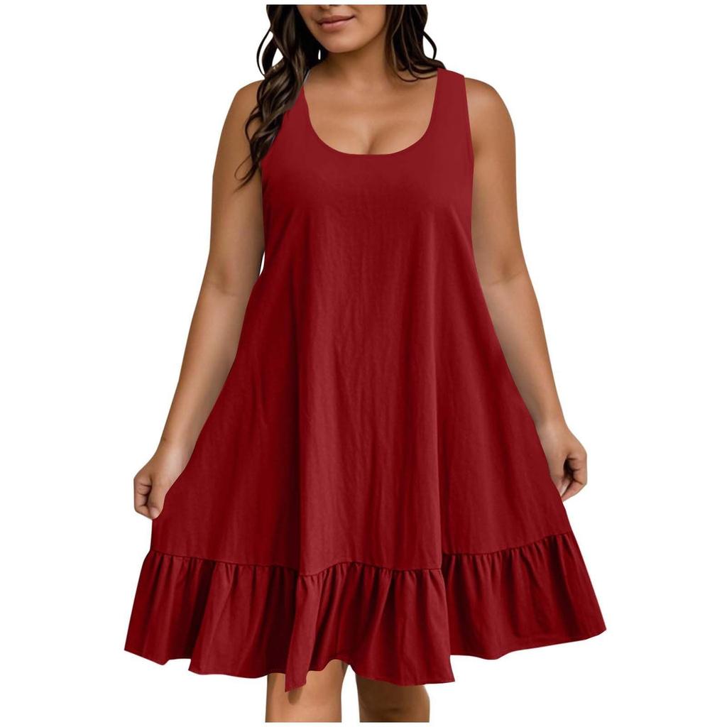 Women's Plus Size Casual Fashion Solid Color Round Neck Sleeveless Dress