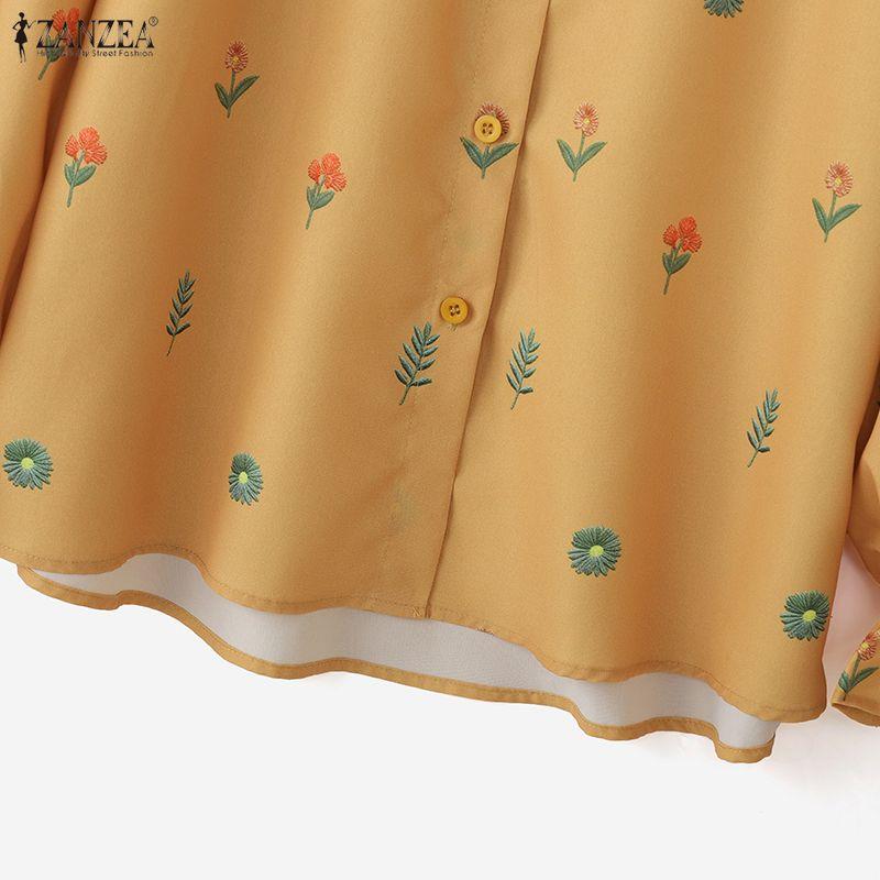 ZANZEA Damen Lässig Puppenkragen Locker Langarm Geblümte Bluse