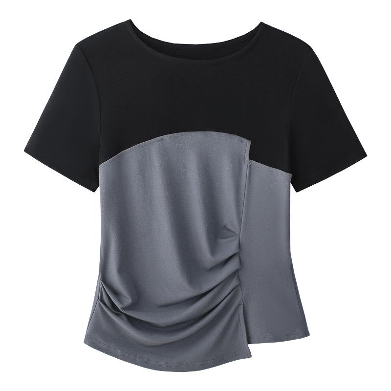 Women's Summer Slimming Waist Design Sense Stitching Fake Two Short Sleeve Top