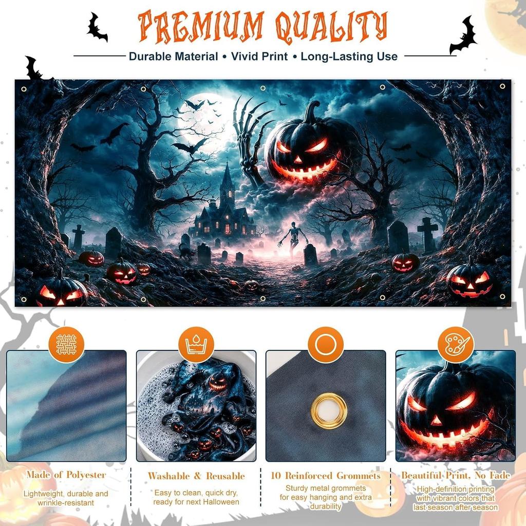Halloween Garage Door Cover 16 x 7 FT, Scary Pumpkin Backdrop Banner