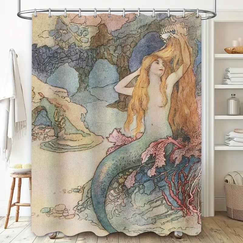 Vintage Red Flower Print Shower Curtain 3D Birds Bath Decoration Home Decor Waterproof Fabric Bathroom Accessories