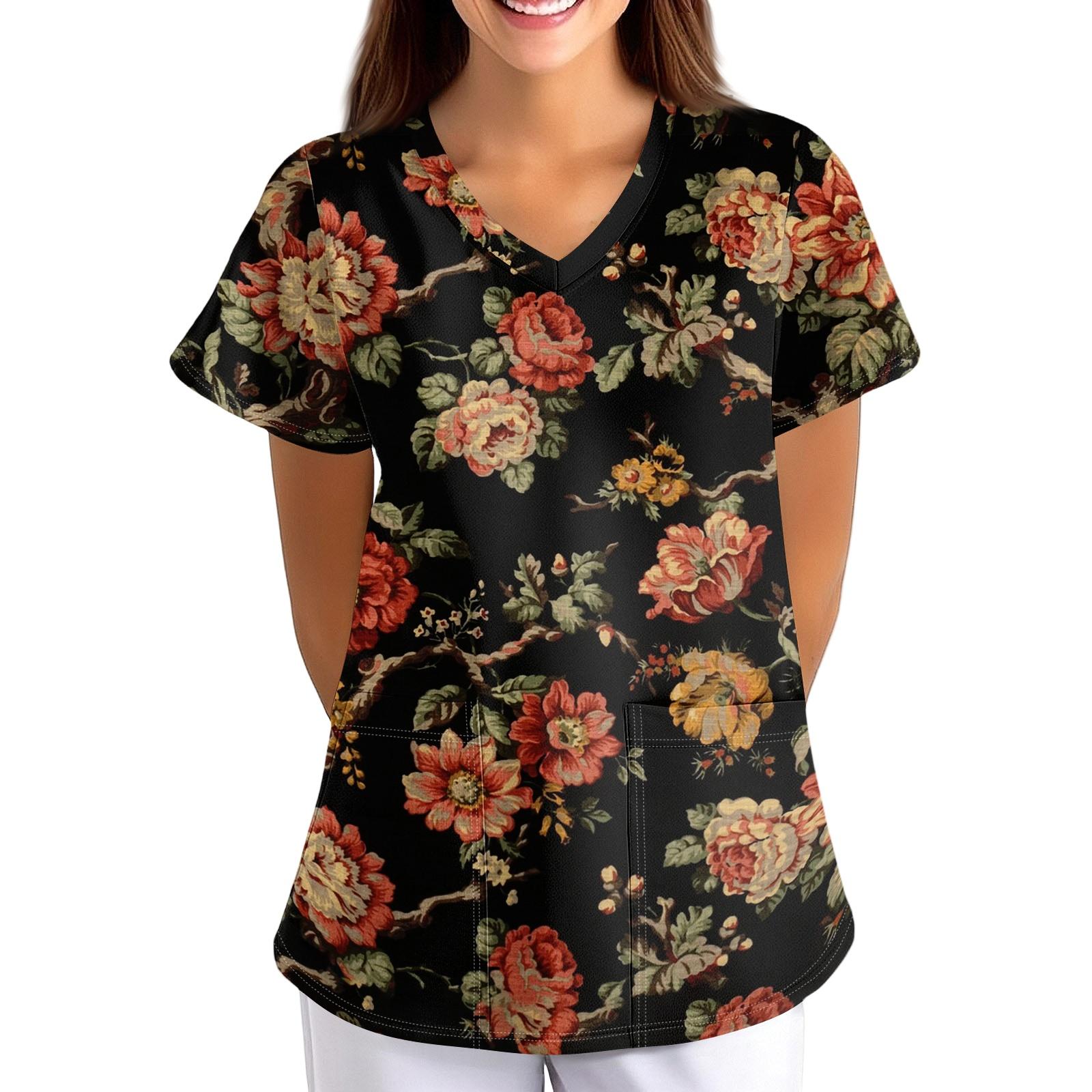 

Loose Fit V Neck Pocket Short Sleeve Medical Scrub Top Floral Pattern Nurse Uniform Workwear for Healthcare Professionals S чёрный
