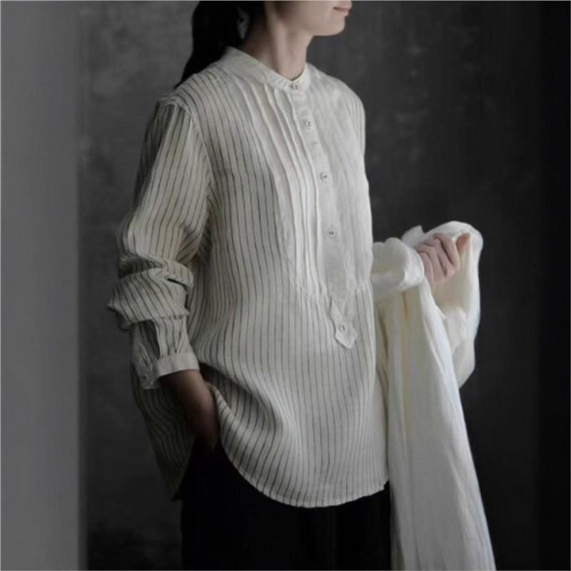 Johnature Autumn Products Stand-up Collar Retro Striped Splicing Loose Women Shirt Long Sleeve Casual Blouses