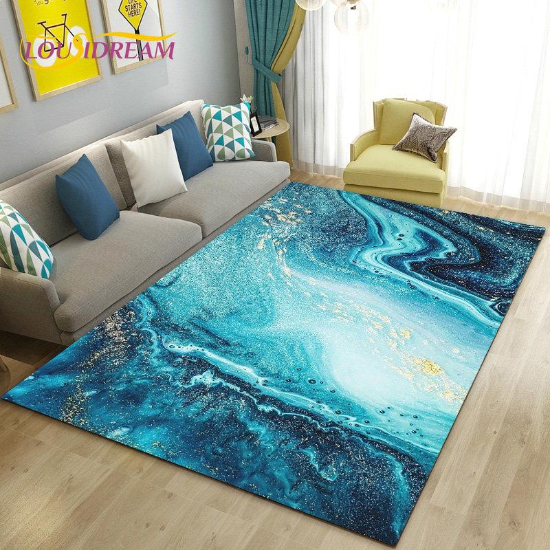 Nordic Green Gold Blue Marble Area Rug Large,Carpet Rug for Living Room Bedroom Sofa Doormat Decoration,kids Non-slip Floor Mat