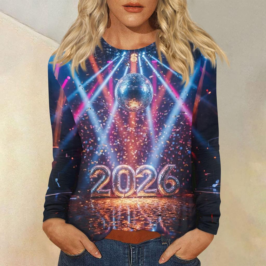 Women's Loose Comfortable Casual Fashion Round Neck New Year Printed Long Sleeve Top