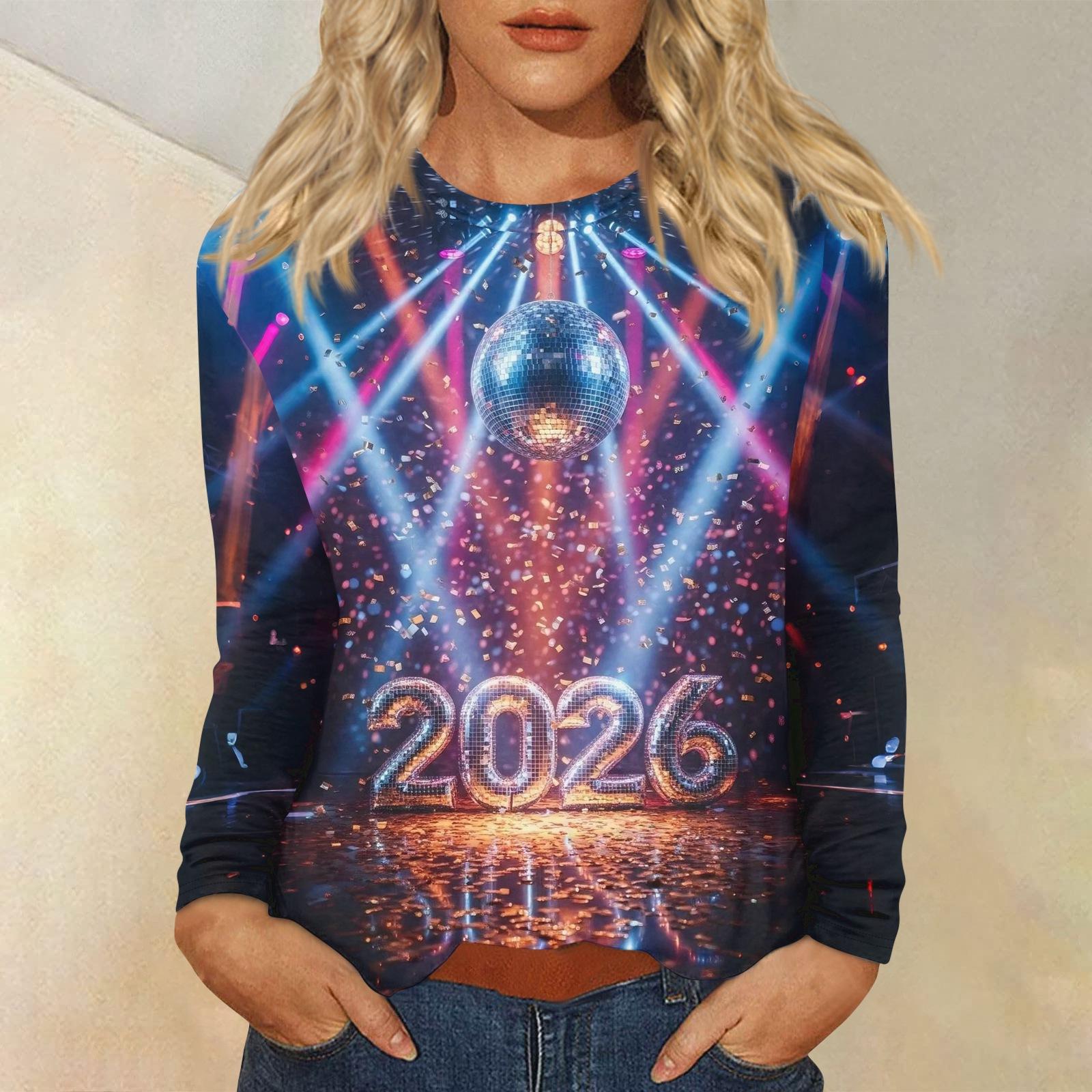 

Женский свободный удобный повседневный модный топ с круглым вырезом и длинными рукавами с новогодним принтом S