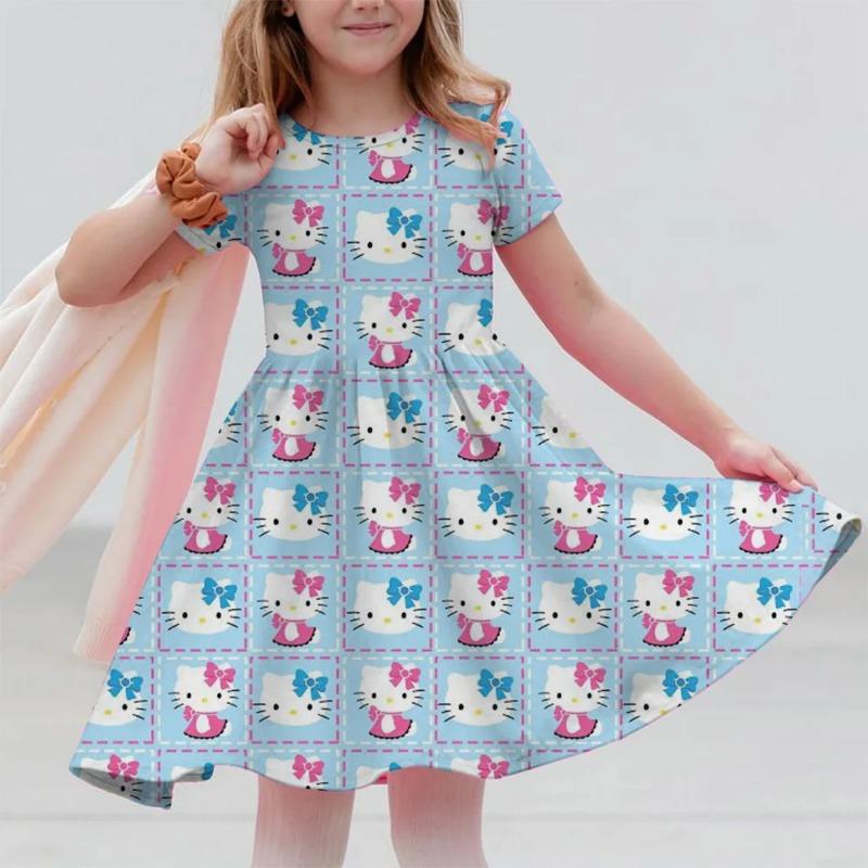 Sanrio 2026New Girls Summer Dress Fashion Cartoon Cute Hello Kitty 3DPrint Dresses Girl Short Sleeve Princess Vacation Clothing