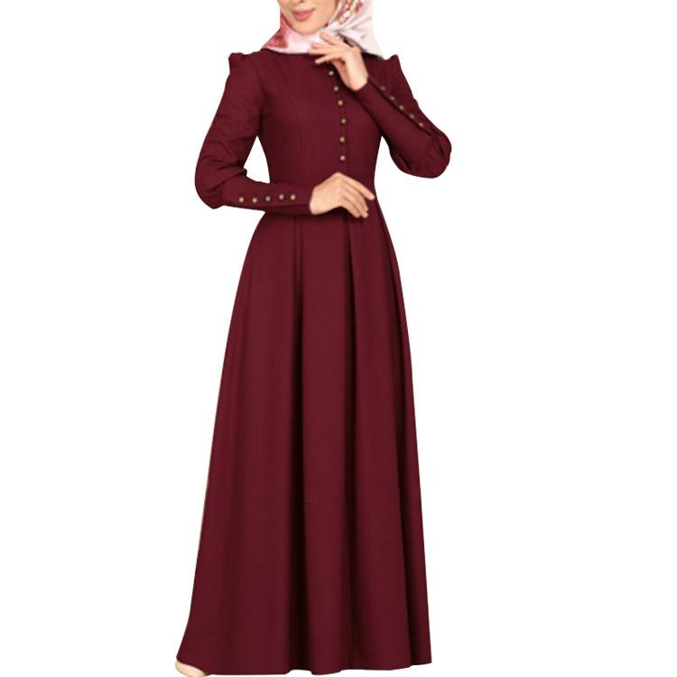 Middle Eastern Style Buttoned European and American Dress Slim Fit Large Hem Long Sleeve Decorative Button Retro Ethnic Style Gown Palace Style