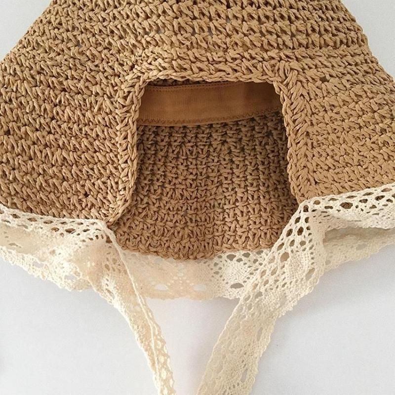 Summer Bucket Hat Women Lace Sun Hats for Wide Brim Straw Beach Side Cap Floppy Female Straw Hat Lace Solid Fringe Straw Hat