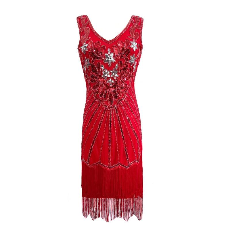 Vintage V-neck sequined fringed dress, evening dress, Gatsby dinner dress, stage performance dress.