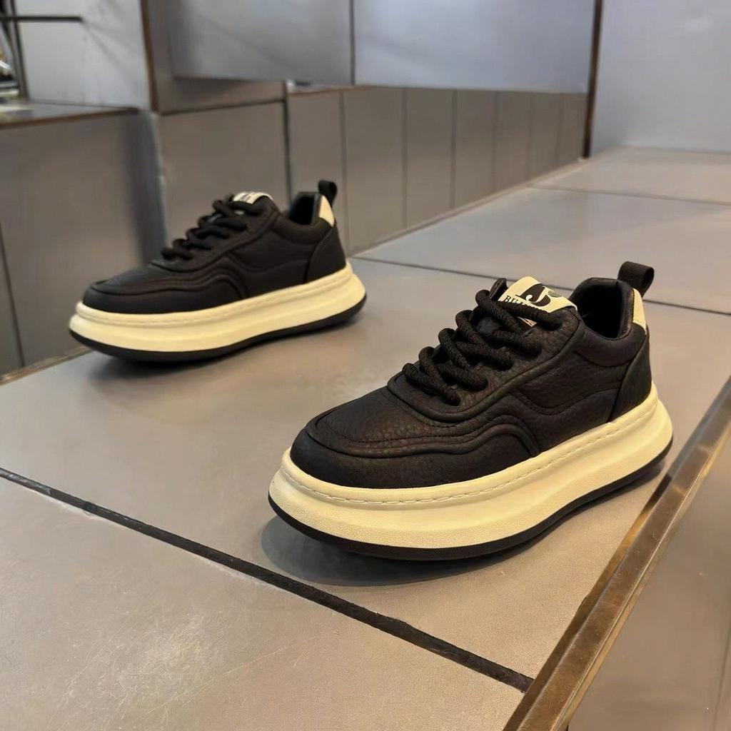 Spring high-end casual board shoes leather waterproof sports heightening black shoes