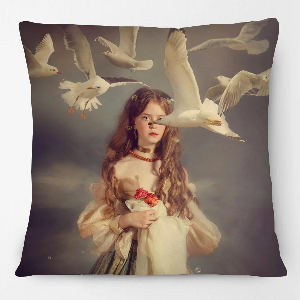 European Flower Painting Rose Dreams Woman Girls Portrait Poster Cushion Cover Birds Dove Home Pillow Case