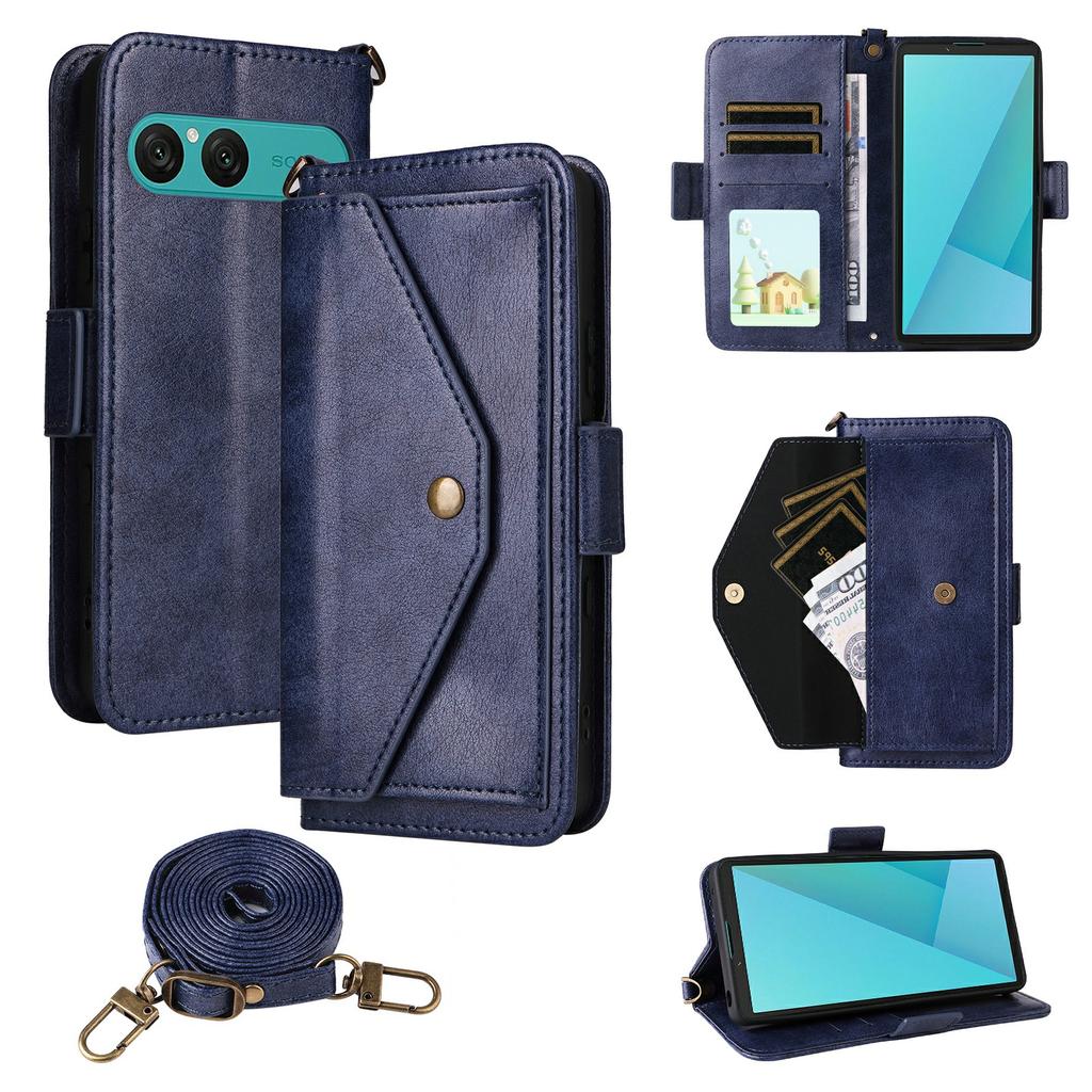 For Sony Xperia 10 VII Leather Case Magnetic Closure Wallet Stand Phone Cover with Crossbody Strap
