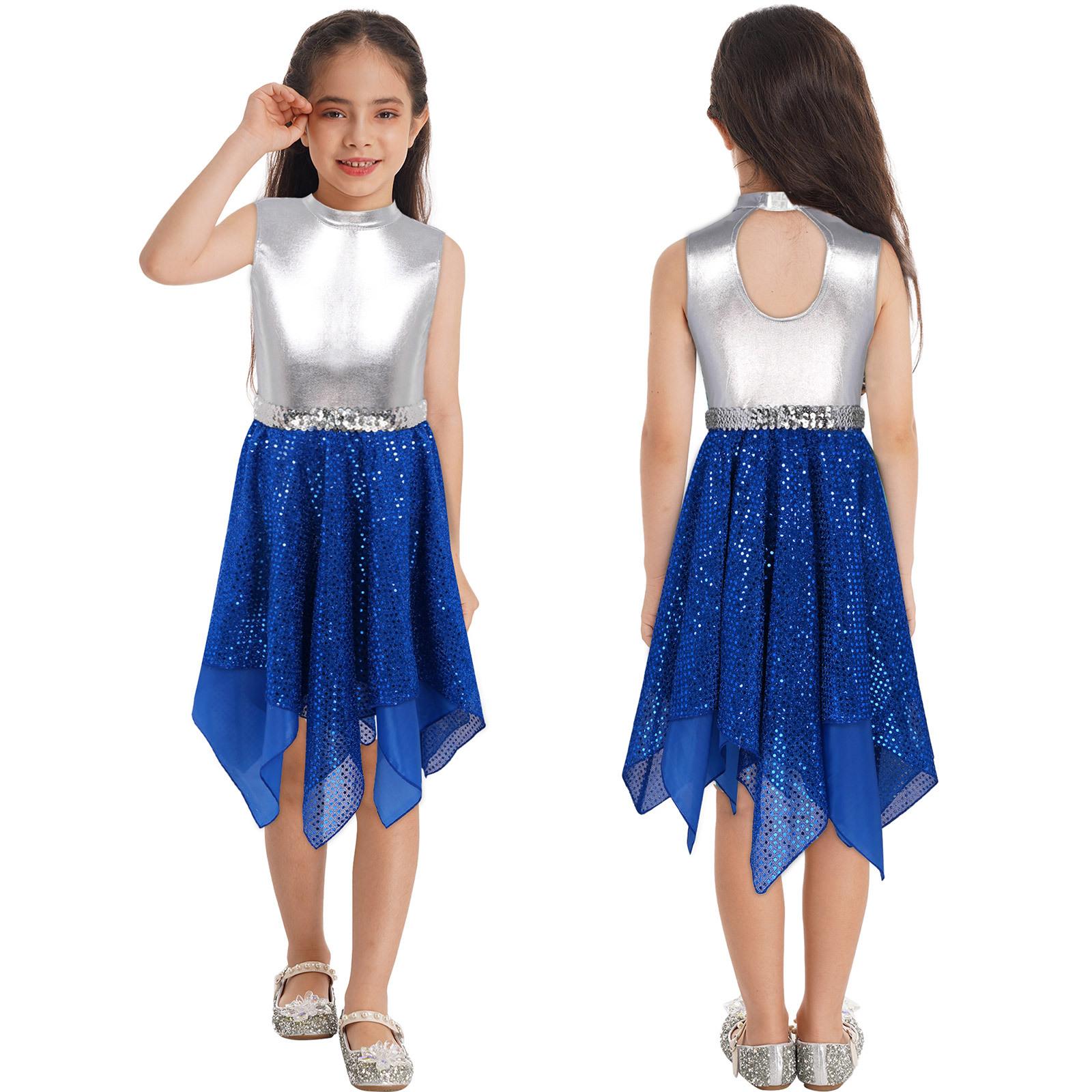 

Детская стильная танцевальная одежда для девочек с круглым вырезом, бронзовая ткань, блестящие пайетки, декорированное платье для сценического костюма 5-6 Years королевский синий