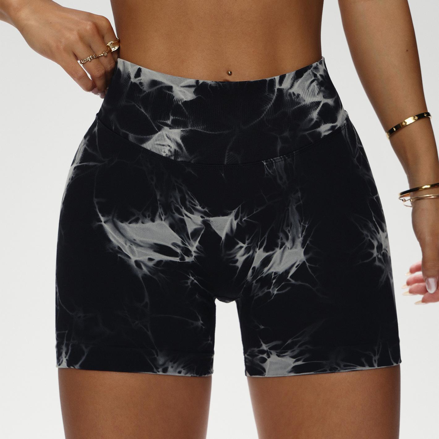 

Sports shorts new color tie-dye European and American thread elastic peach hip fitness pants hip lift high waist yoga pants women XS