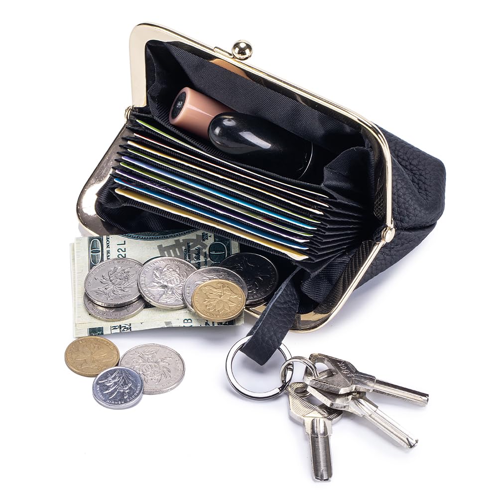 Yocipa Genuine Leather Mini Wallet for Women with Coin Purse and Key Ring, Multifunctional Coin Case, Lightweight Leather Card Case with Key Holder,