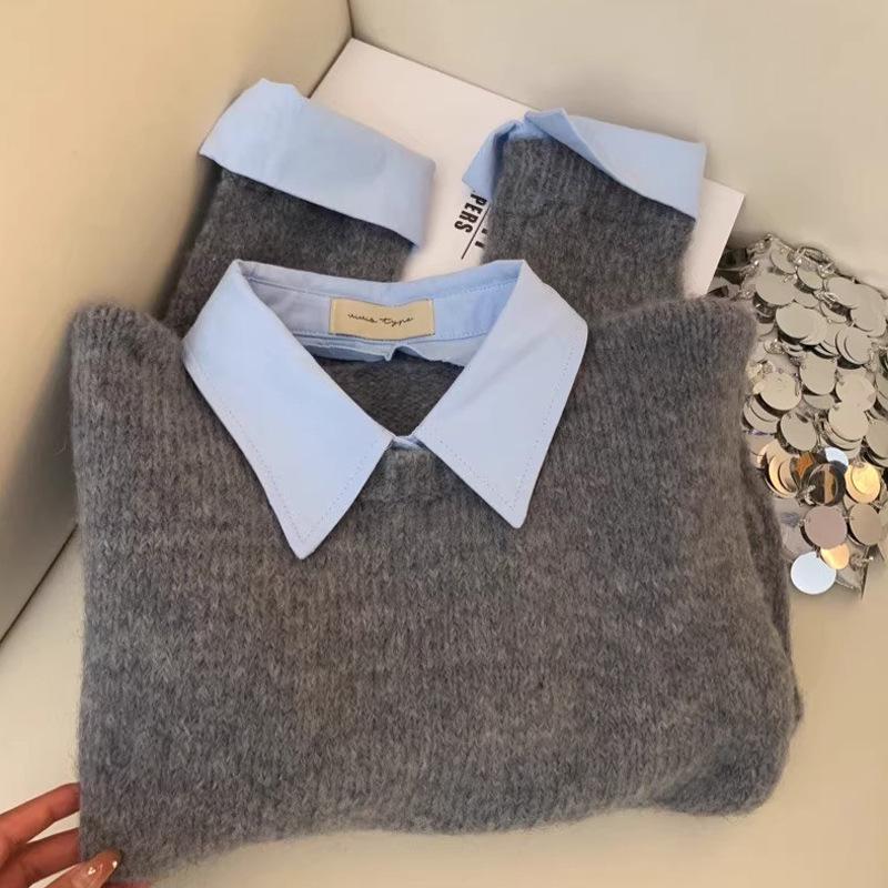 Women's Gray Color Block Layered Collar Sweater - Autumn Knit Top