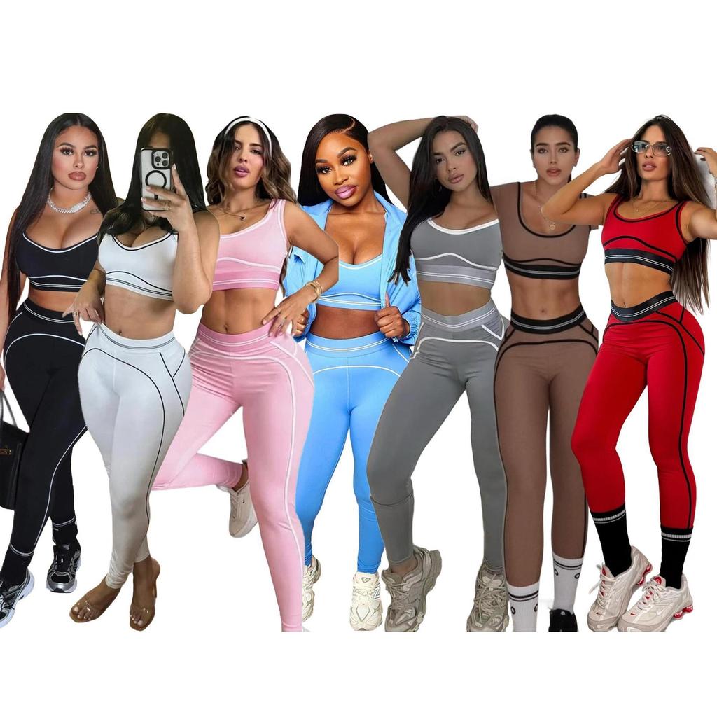 2026 Women Sleeveless Crop Tank High Waist Scrunch Butt Leggings 2 Piece Yoga Workout Tracksuit Solid Contrast Stripe Gym Fitness Set