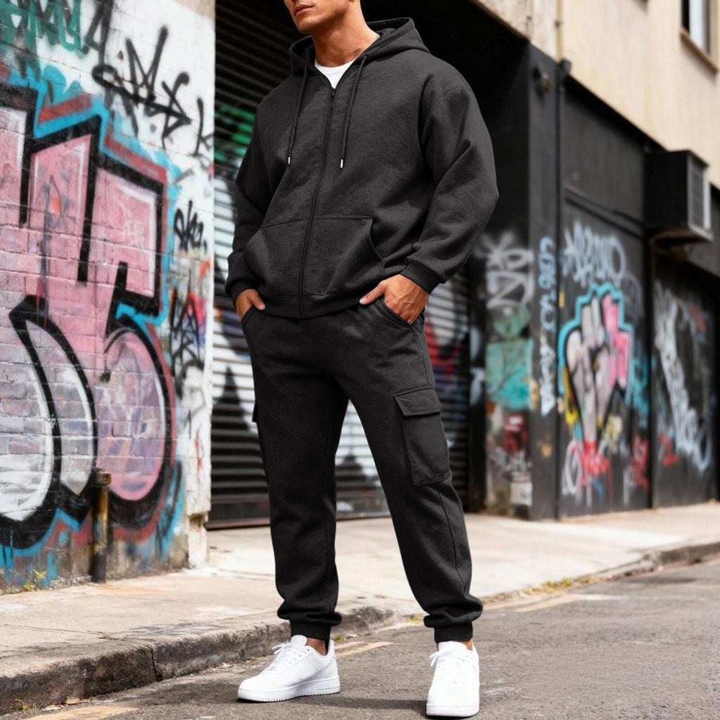 Men's Fleece-Lined Thermal Two-Piece Tracksuit | Color Hooded Sweatshirt Jacket & Elastic Waist Cargo Joggers For Casual Outdoor