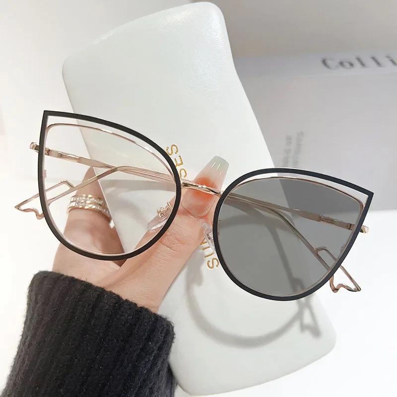 Color Changing Blue Light Blocking Glasses Women Men Stylish Photochromic Glasses Ladies Cat Eye Optical Spectacle Eyeglasses