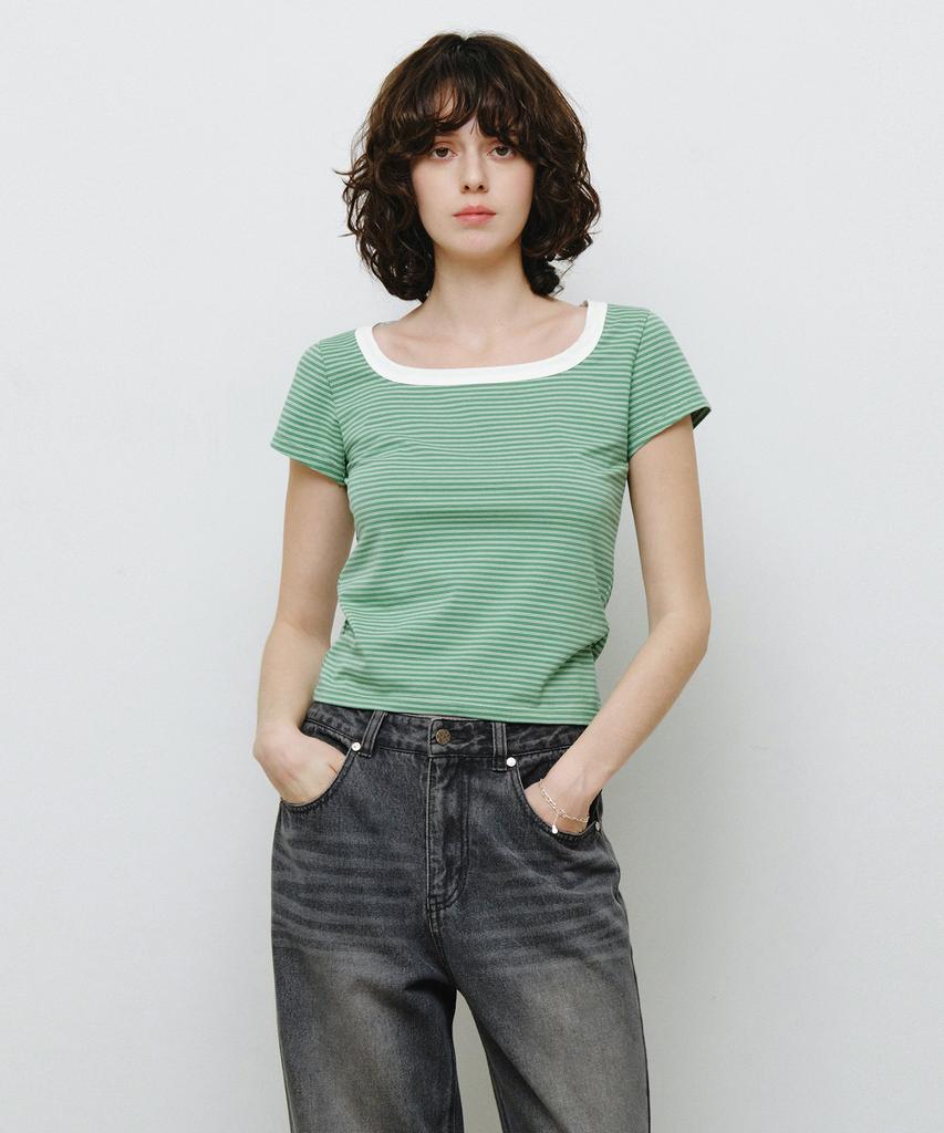 MONGDOL Square Neck Striped Short Sleeve T-Shirt Green Mdts098Green